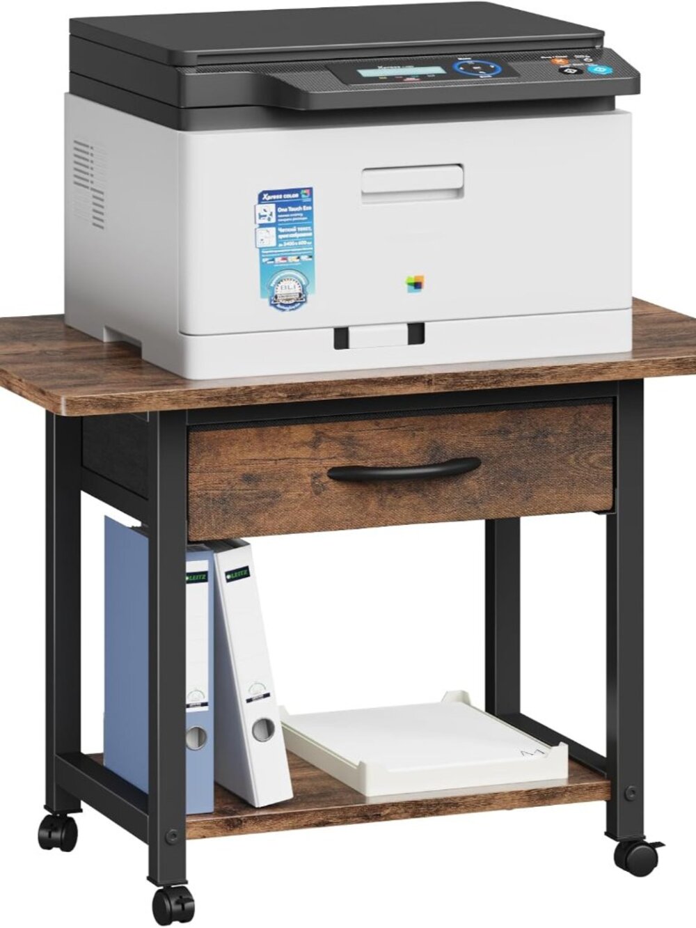 22"x15" Large Printer Stand with Drawer, 2-Tier Rolling Table Cart
